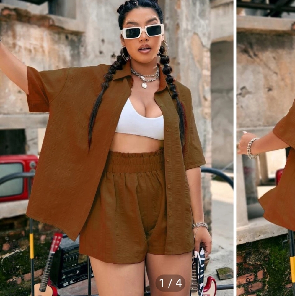 Plus Size Textured Drop Shoulder Shirt & Short Set